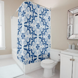 Ocean Scroll Hand Painted Blue Floral Watercolor シャワーカーテン