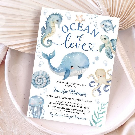 Ocean Sea Whale Baby Shower Invitation Boy 招待状