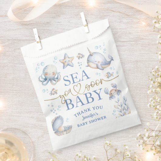 Ocean Sea You Soon Baby Shower Boy Blue フェイバーバッグ (クリップ留めされた状態)