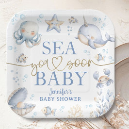 Ocean Sea You Soon Baby Shower Boy Blue  ペーパープレート
