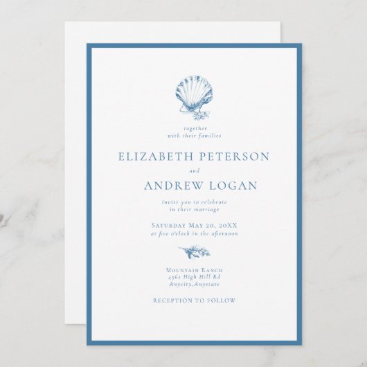 Ocean Seashell | Blue Wedding 招待状 (正面/裏面)