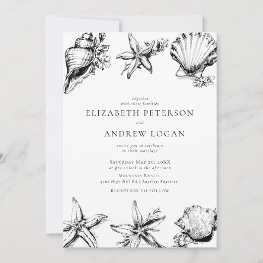 Ocean Seashell Modern Minimal Black White Wedding  招待状 (正面)