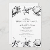 Ocean Seashell Modern Minimal Black White Wedding  招待状 (正面/裏面)