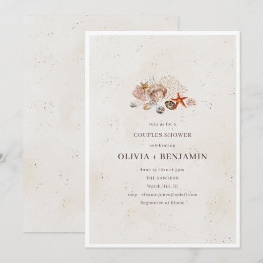 Ocean Seashells Beach Couples Wedding Shower 招待状 (正面/裏面)