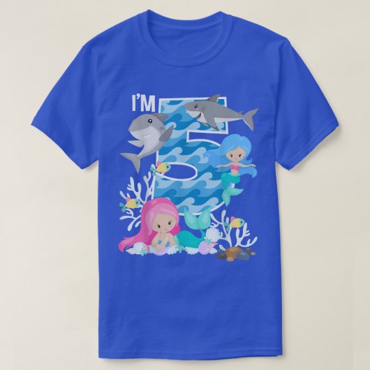 Ocean Sharks and Mermaids 5th Birthday 5 Year Old Tシャツ (デザイン正面)