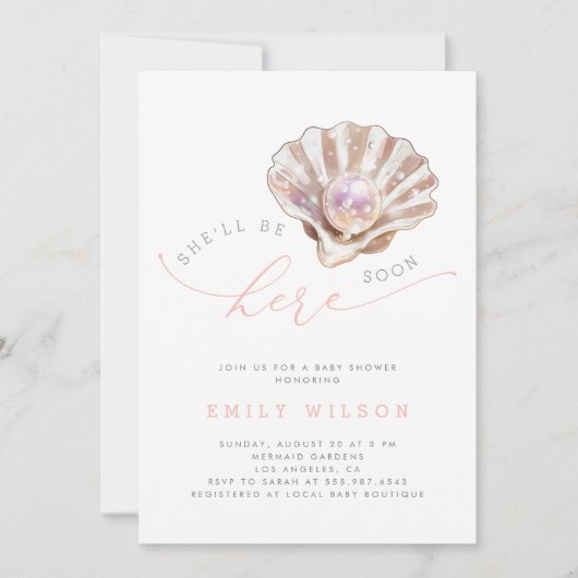 Ocean She'll Be Here Soon Girl Baby Shower 招待状 (正面)