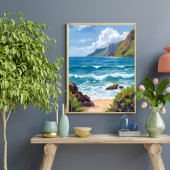 Ocean Shore Blue Waves Watercolor Painting ポスター