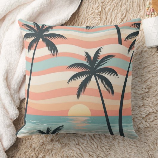 Ocean Stripes & Palms – Tropical Calm Throw Pillow クッション (ブランケット)