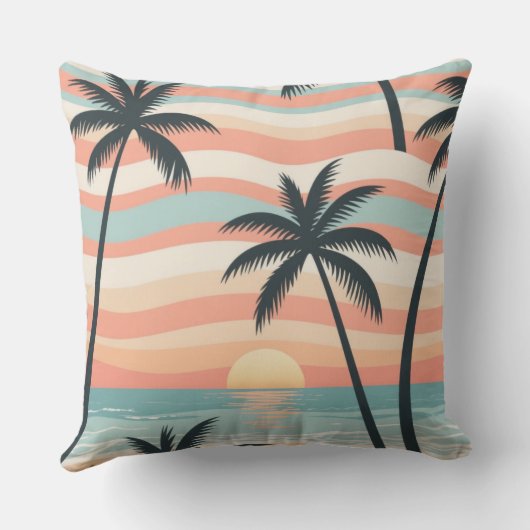 Ocean Stripes & Palms – Tropical Calm Throw Pillow クッション (裏面)