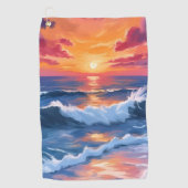 Ocean Sunset Beach Waves Watercolor ゴルフタオル (正面)