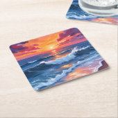 Ocean Sunset Beach Waves Watercolor スクエアペーパーコースター (アングル)