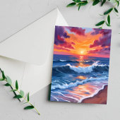 Ocean Sunset Beach Waves Watercolor Card