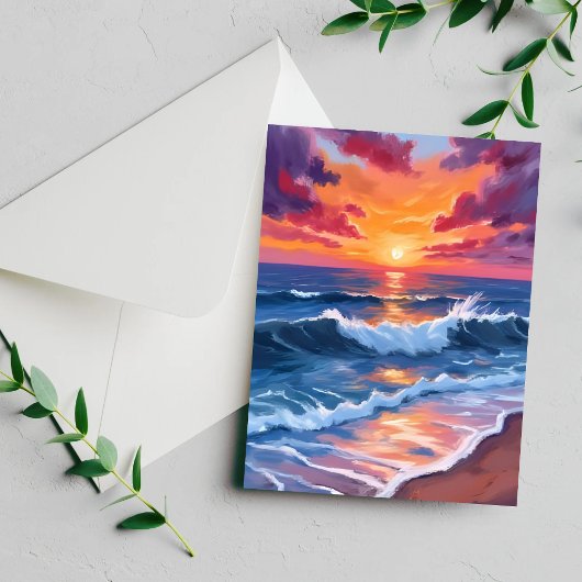 Ocean Sunset Beach Waves Watercolor Card