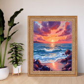Ocean Sunset Watercolor Beach Coastal ポスター