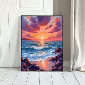 Ocean Sunset Watercolor Beach Coastal ポスター