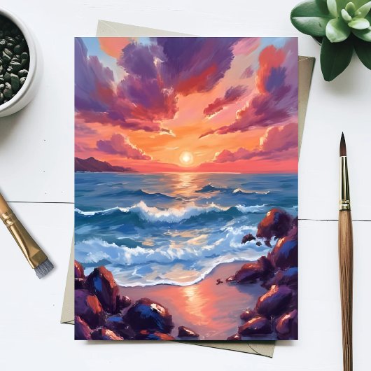 Ocean Sunset Watercolor Beach Coastal ポストカード