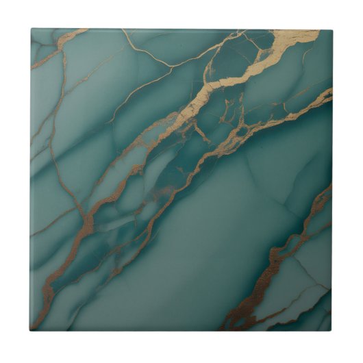 Ocean Teal Marble with Metallic Gold Veins タイル (正面)