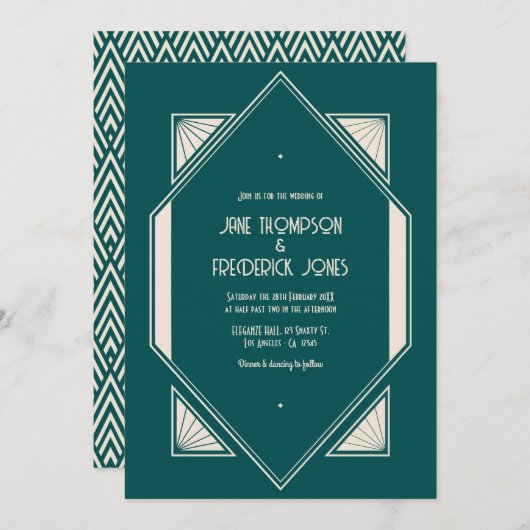 Ocean Teal & Pale Sand Art Deco Wedding Photo 招待状 (正面/裏面)