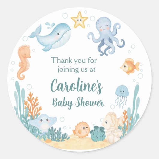 Ocean Theme Stickers for Baby Shower ラウンドシール (正面)