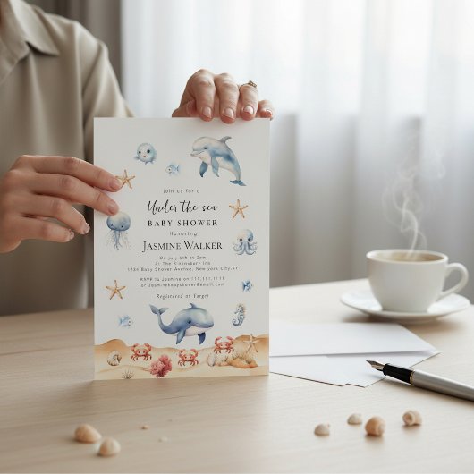 Ocean Theme Watercolor Dolphin Baby Shower 招待状