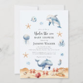 Ocean Theme Watercolor Dolphin Baby Shower 招待状 (正面)