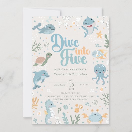 Ocean Themed 6th Birthday Invitation. Kids Ocean 招待状 (正面)