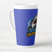 Ocean Unleashed Shark – Bold Blue & Orange Splash  カフェラテマグ (左アングル)