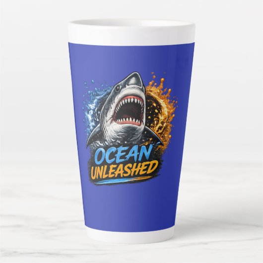 Ocean Unleashed Shark – Bold Blue & Orange Splash  カフェラテマグ (正面)