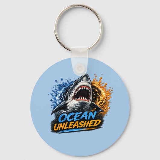 Ocean Unleashed Shark – Bold Blue & Orange Splash  キーホルダー (正面)