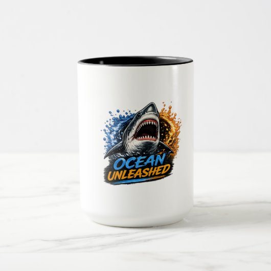 Ocean Unleashed Shark – Bold Blue & Orange Splash  マグカップ (中央)