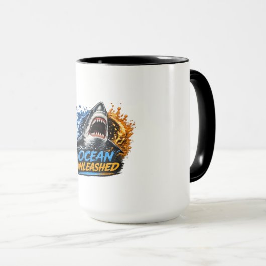 Ocean Unleashed Shark – Bold Blue & Orange Splash  マグカップ (正面右)