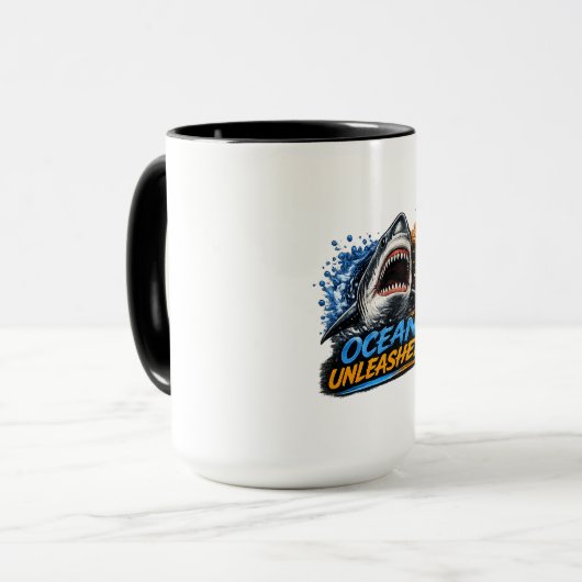 Ocean Unleashed Shark – Bold Blue & Orange Splash  マグカップ (正面左)