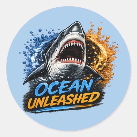 Ocean Unleashed Shark – Bold Blue & Orange Splash  ラウンドシール (正面)