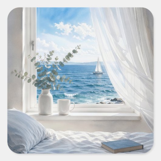 Ocean View in a Bedroom Window スクエアシール (正面)