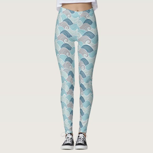 Ocean Wave Blue Grey Leggings レギンス (正面)