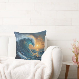 Ocean Wave Sunset Throw Pillow – Abstract Sea Art クッション