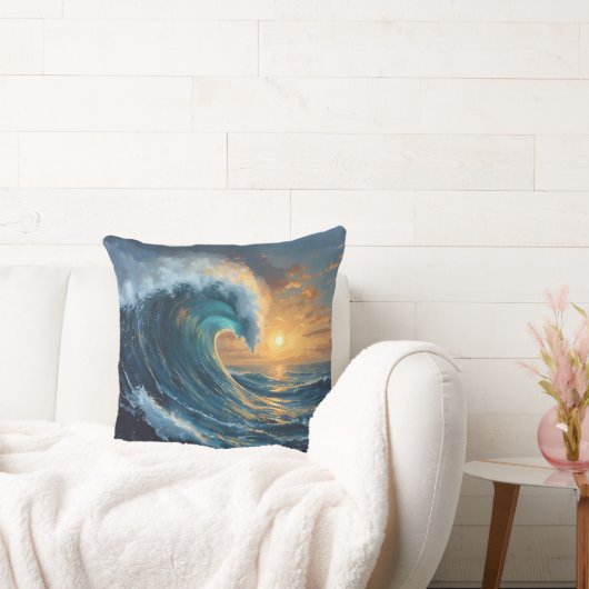 Ocean Wave Sunset Throw Pillow – Abstract Sea Art  クッション (ソファ)