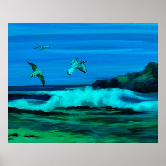 Ocean, Waves and Coastline Digital Art Painting ポスター (正面)