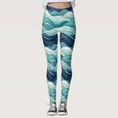 Ocean Waves Blue Coastal Beach Pattern レギンス (正面)