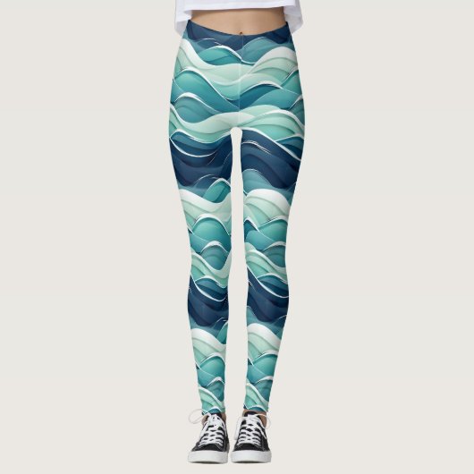 Ocean Waves Blue Coastal Beach Pattern レギンス (正面)