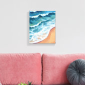 Ocean Waves Blue Watercolor Coastal キャンバスプリント (インサイチュ (リビング))