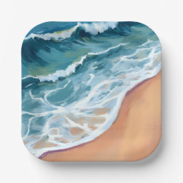 Ocean Waves Blue Watercolor Coastal ペーパープレート