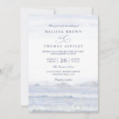 Ocean Waves Blue White Watercolor QR Code Wedding 招待状 (正面)