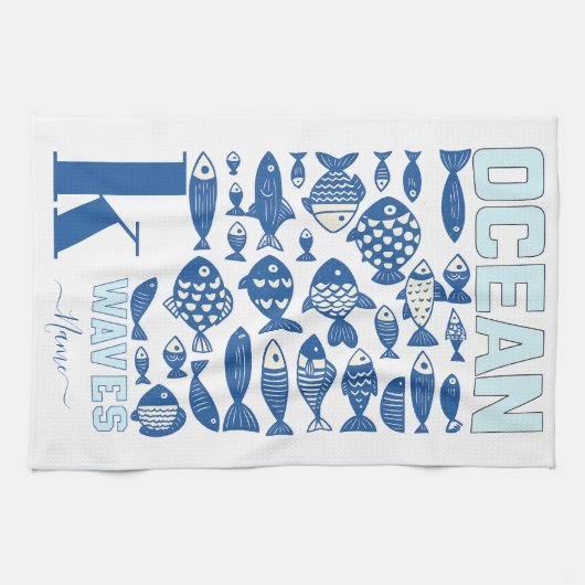 Ocean Waves Coastal Fish Kitchen Towel – Nautical  キッチンタオル (横)