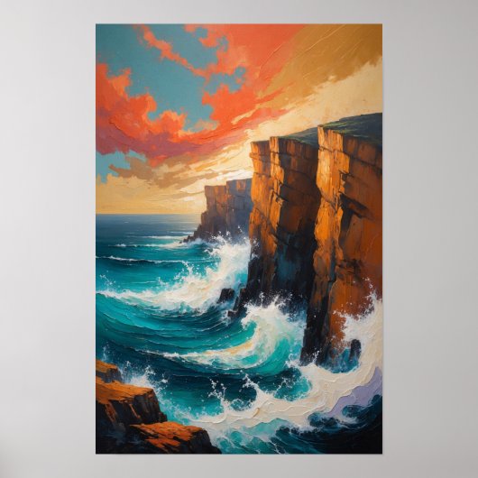 Ocean Waves Crashing Against Cliffs Coastal Art ポスター (正面)
