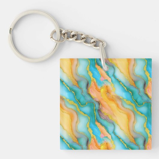 Ocean Waves in Teal and Yellow-Orange Pattern キーホルダー (正面)