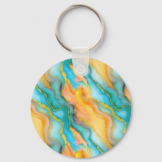  Ocean Waves in Teal and Yellow-Orange Pattern キーホルダー (正面)