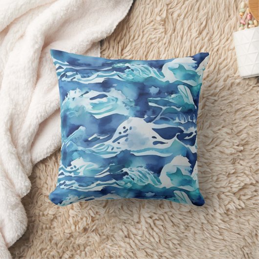 Ocean Waves | Teal Watercolor Aqua Blue クッション (ブランケット)