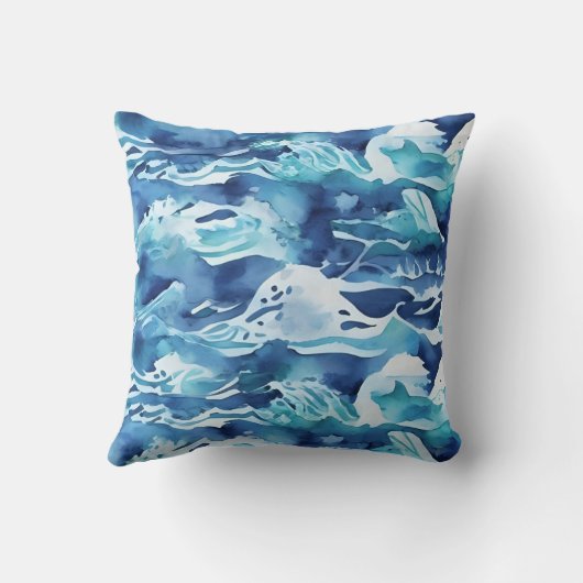 Ocean Waves | Teal Watercolor Aqua Blue クッション (裏面)