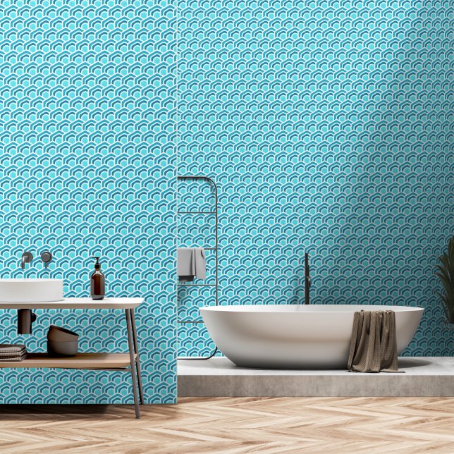Ocean Waves - Turquoise Geometric Hexagon Pattern 壁紙 (浴室)